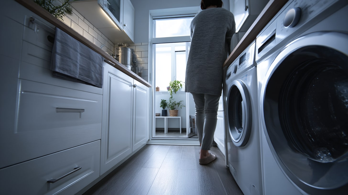Petite cuisine d’appartement avec lave-linge intégré, illustrant les contraintes d’espace pour choisir un appareil adapté.