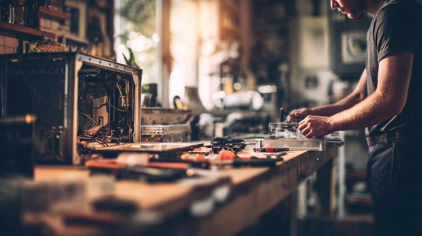 Technicien réparant un appareil électroménager dans un atelier, illustrant l’importance de la réparabilité.