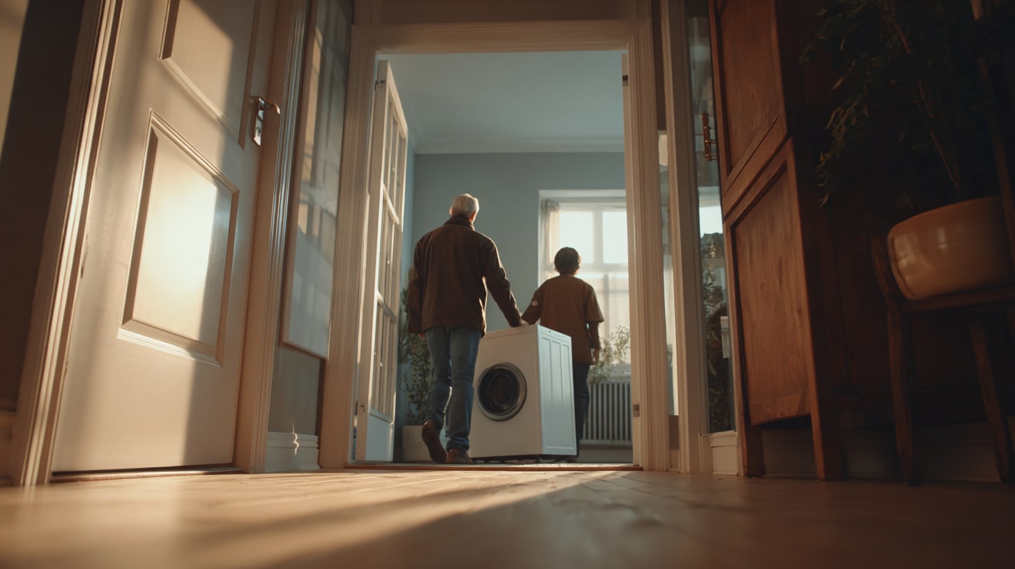 Transport d’un appareil électroménager reconditionné dans un logement, illustrant un choix de consommation durable.
