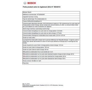 Fiche de produit du Sèche-linge à condensation Bosch WTG85409FF