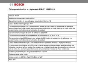 Fiche d'information de produit du Lave-vaisselle Bosch Série 4 SMS46GI05E