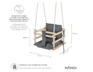 Dimension du Balançoire pour Enfant 3 en 1, balançoire pour bébé, balançoire et siège à bascule en bois + sécurité Mamoi